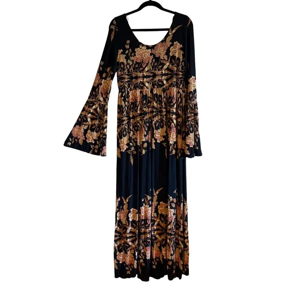 Free People Midnight Garden Floral Maxi Dress Bell Sleeve Boho Witchy L - Picture 2 of 6